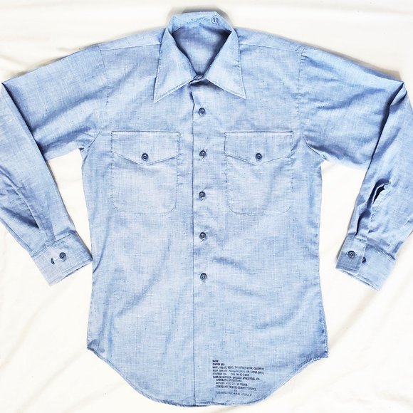 VINTAGE MENS CHAMBRAY SHIRT U.S. NAVY MILITARY LONG SLEEVE BUTTON UP SHIRTM